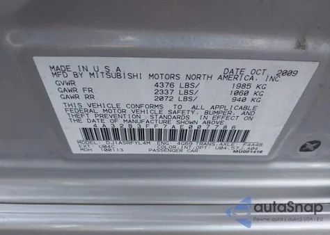 2010 Mitsubishi Galant Es/Se z USA, uszkodzony, nr VIN 4A32B3FF7AE007786